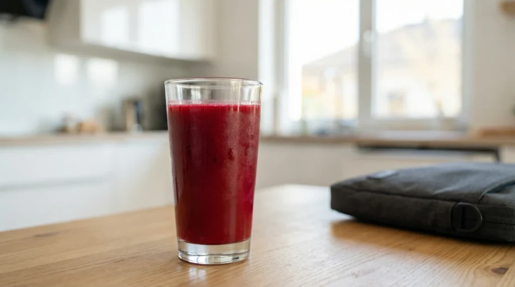 아침 햇살이 드는 주방 식탁 위에 놓인 진한 붉은색 ABC주스 한 잔