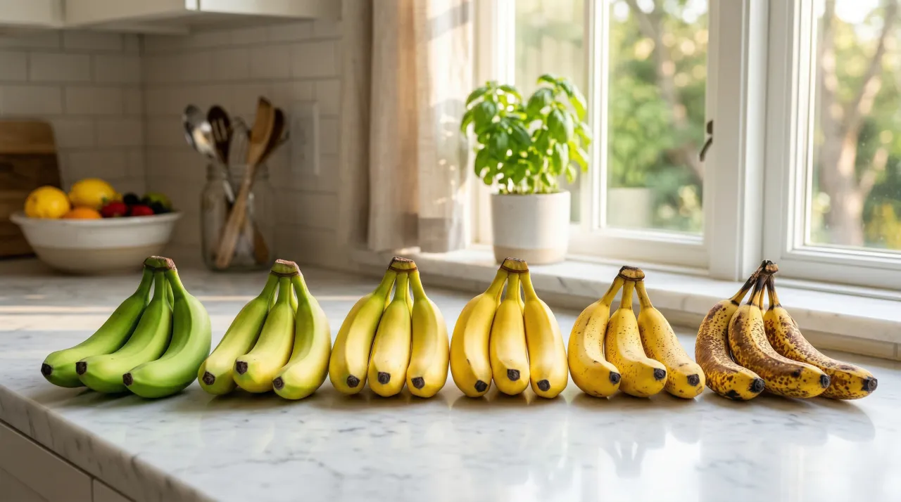 밝은 주방 조리대 위에 초록색부터 갈색 반점이 있는 노란색까지 숙성도 순서로 나란히 놓인 바나나들