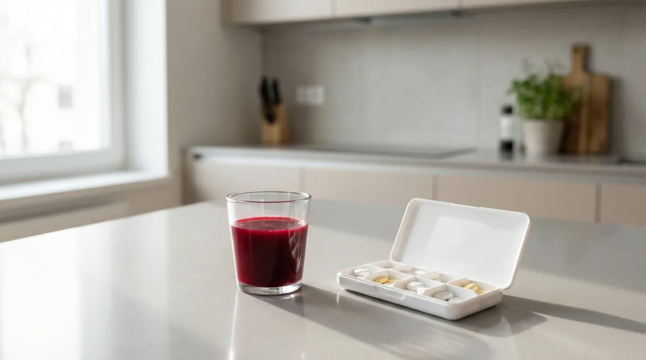 주방 조리대 위에 진한 붉은색 비트주스 한 잔과 흰색 약통이 나란히 놓여 있는 모습