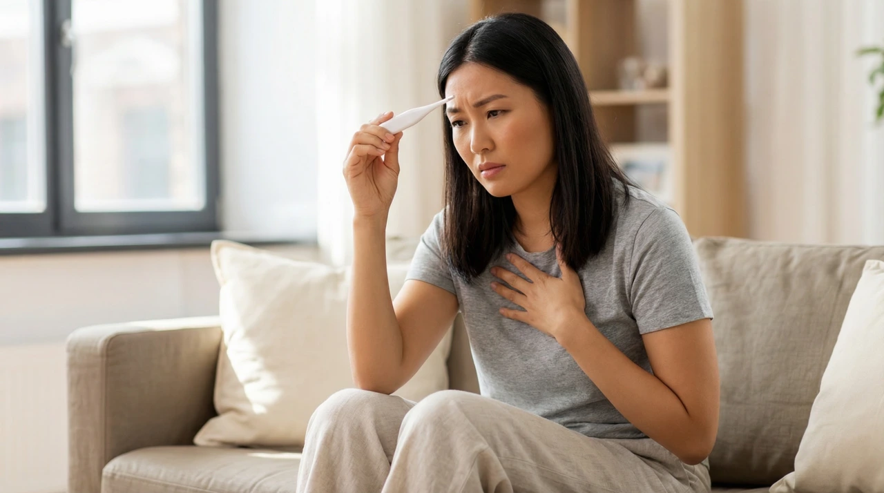거실 소파에 앉아 한 손으로 가슴을 잡고 다른 손에 체온계를 든 채 걱정스러운 표정을 짓는 사람