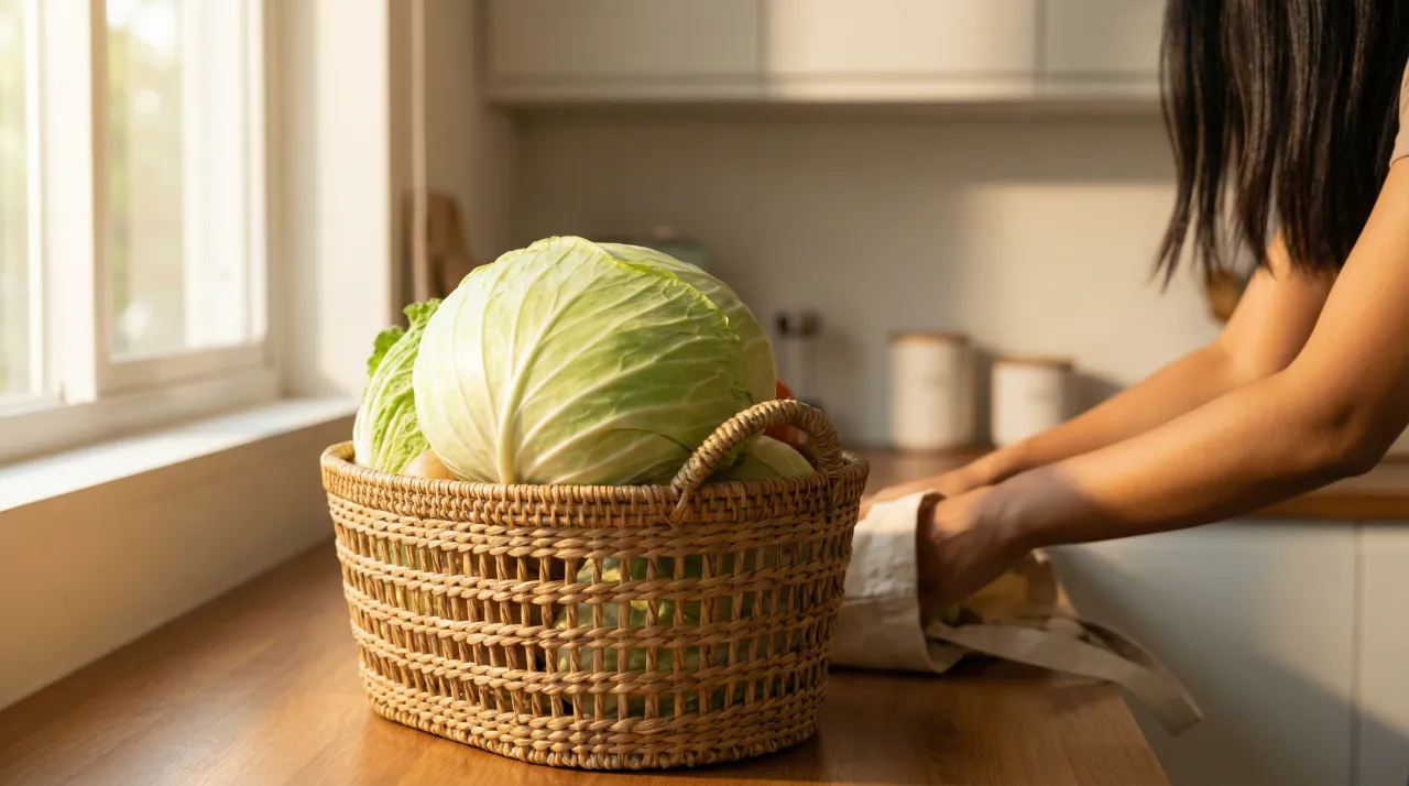 햇빛이 드는 주방 조리대 위 장바구니에 양배추 한 통이 담겨 있는 모습