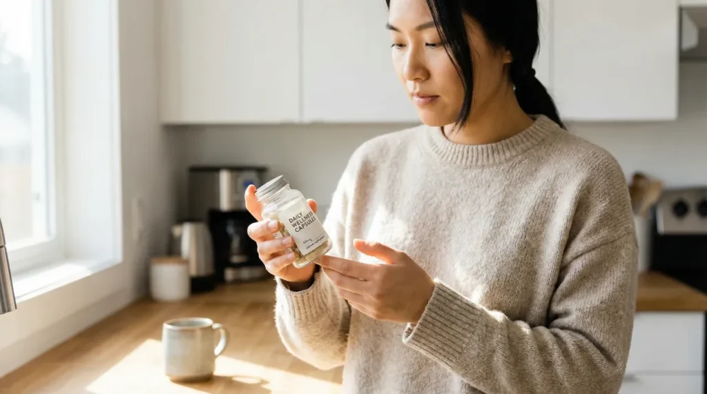 밝은 주방에서 보충제 병의 라벨을 꼼꼼히 읽고 있는 사람의 손과 병 클로즈업