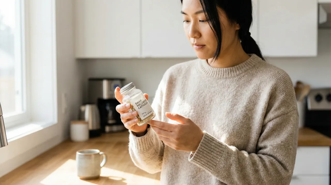 밝은 주방에서 보충제 병의 라벨을 꼼꼼히 읽고 있는 사람의 손과 병 클로즈업