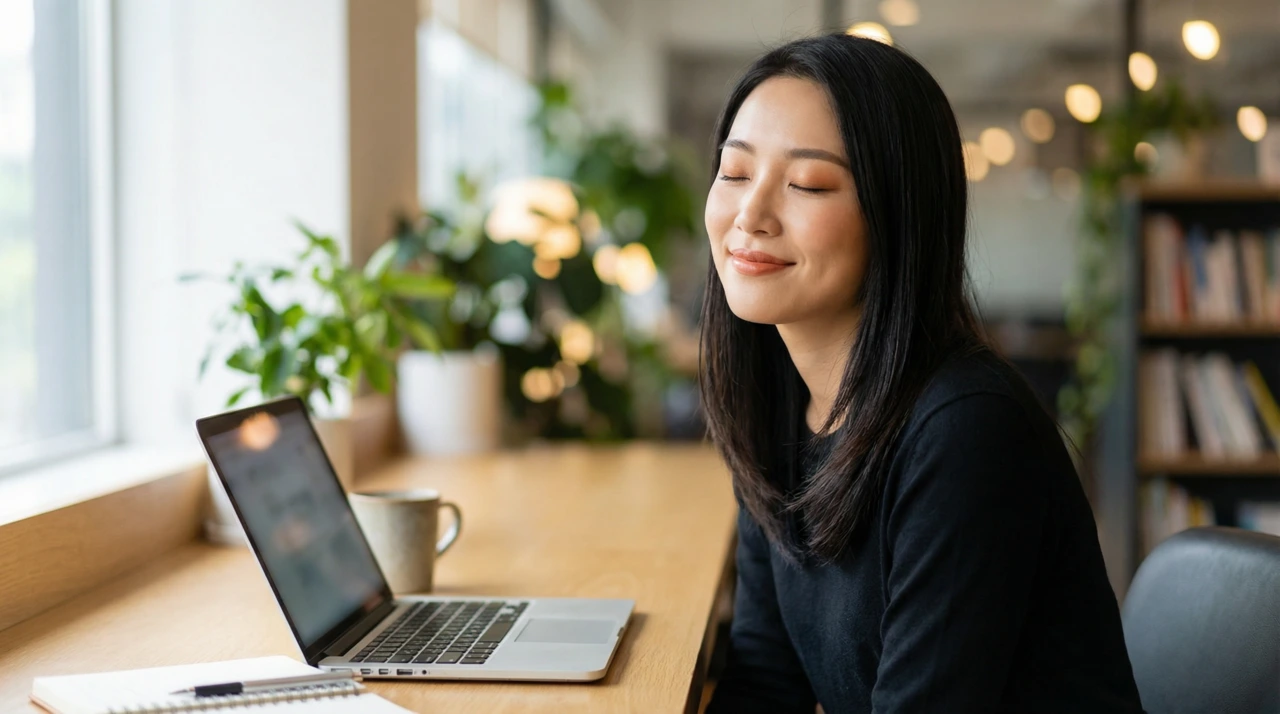 노트북 앞에서 눈을 감고 잠시 쉬고 있는 여성의 클로즈업