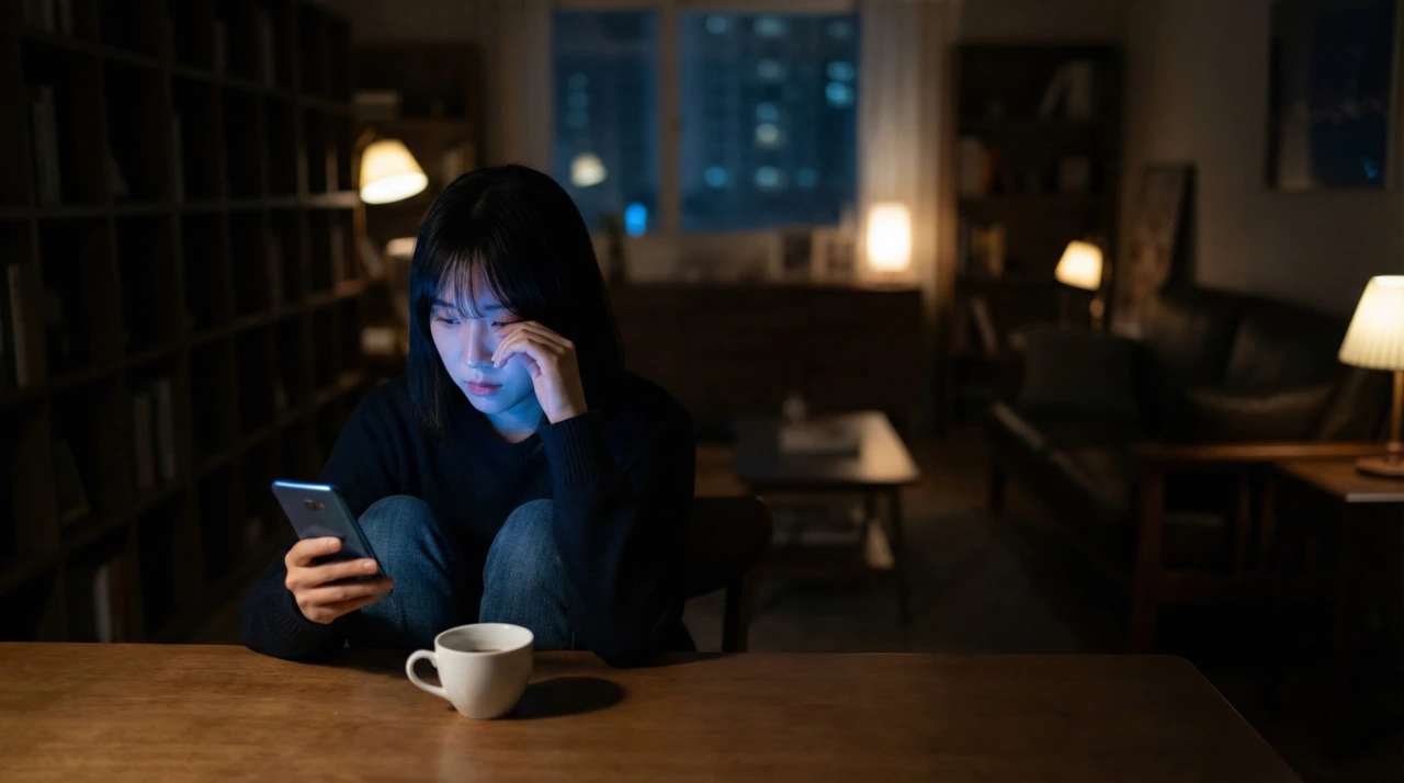 어두운 방에서 스마트폰을 보며 눈 아래를 만지고 있는 사람과 책상 위 커피잔의 풀샷