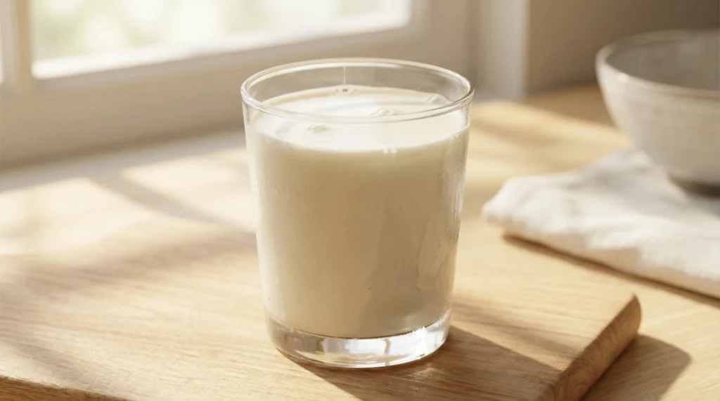 아침 햇살이 들어오는 주방 창가에 놓인 투명한 유리컵 속 하얀 우유 클로즈업