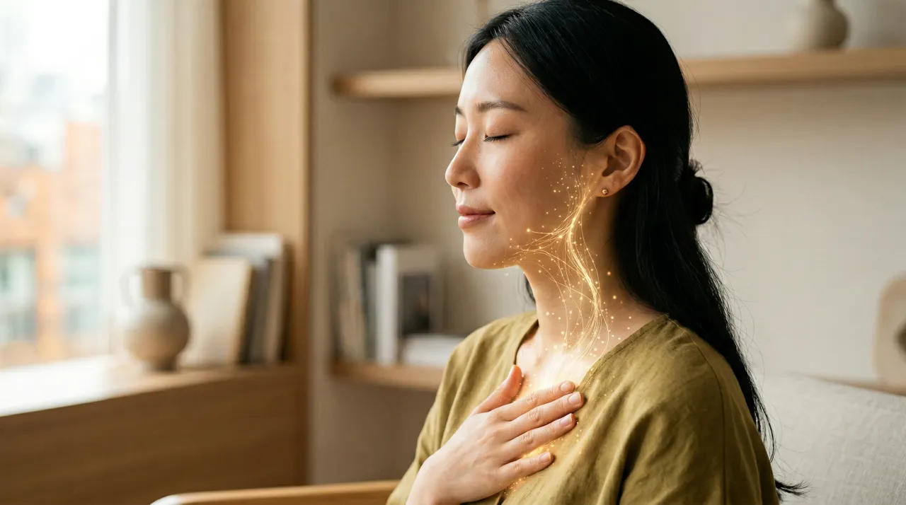 눈을 감고 가슴에 손을 올린 사람의 측면 모습, 심장 부위에서 머리 쪽으로 따뜻한 빛줄기가 올라가고 있다