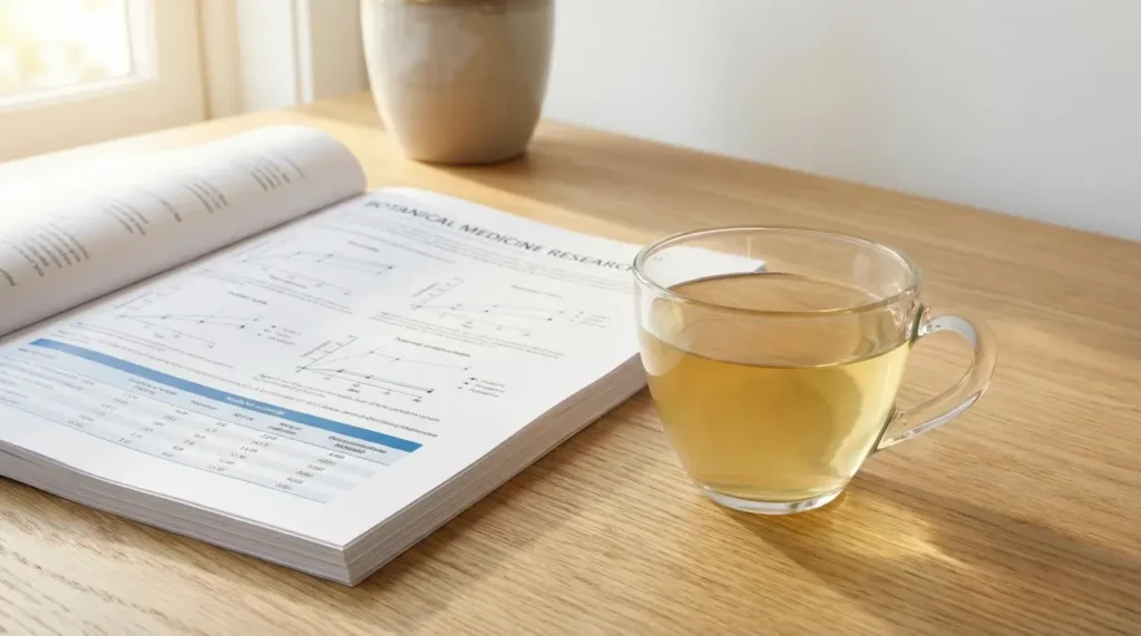 나무 테이블 위 유리컵에 담긴 벌나무차, 옆에 차트가 보이는 학술 논문