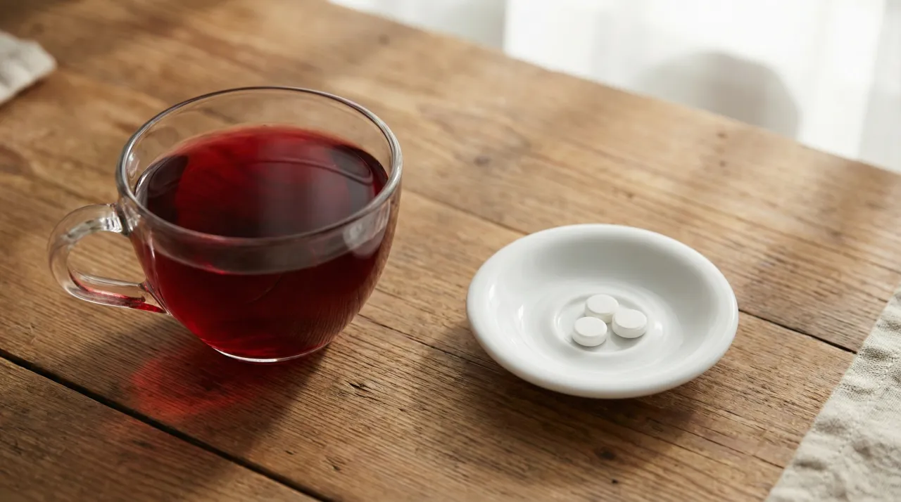 나무 테이블 위에 놓인 붉은 히비스커스 차 한 잔과 흰 접시 위의 혈압약 알약