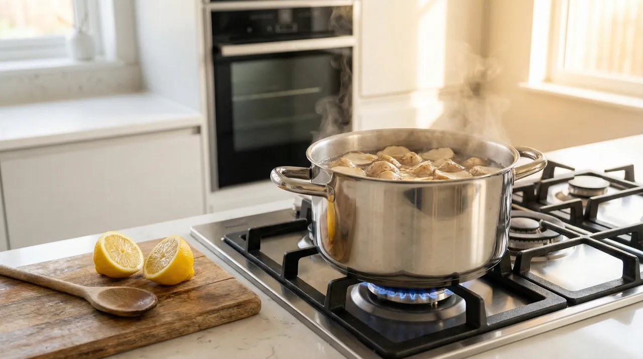 밝은 주방에서 스테인리스 냄비에 얇게 썬 돼지감자가 끓고 있고, 옆에 반으로 자른 레몬이 놓여 있는 모습