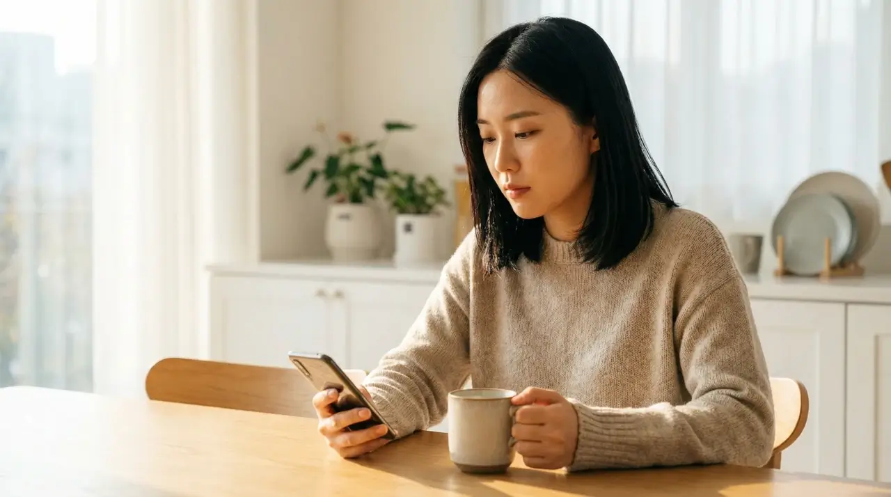 아침 식탁에서 커피를 들고 스마트폰으로 건강 정보를 확인하는 모습