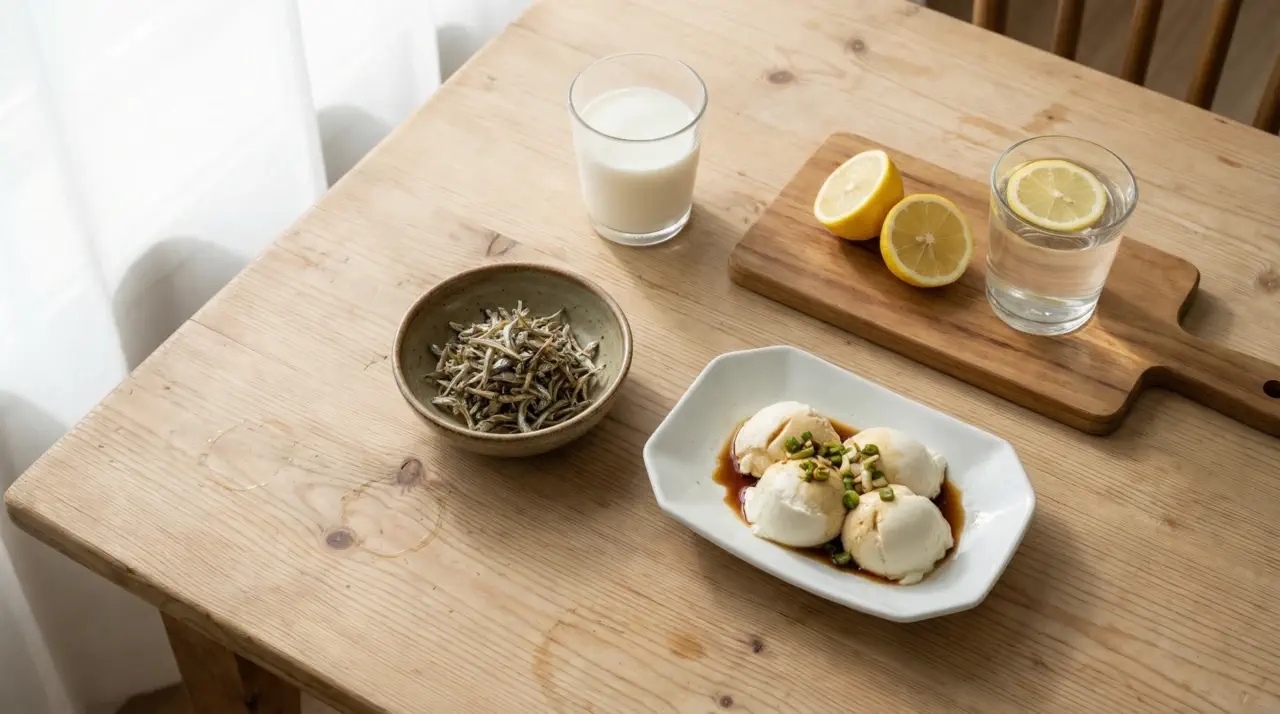 밝은 나무 식탁 위에 멸치 반찬, 두부, 우유와 함께 반으로 자른 레몬과 레몬수 한 잔이 놓인 한 끼 식사 장면