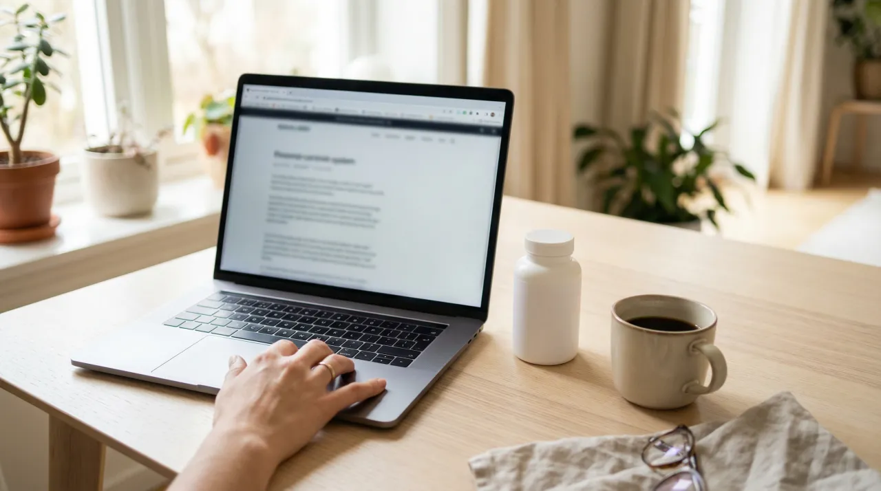 창가 테이블 위에 노트북과 보충제 병, 커피잔이 놓인 조용한 아침 풍경