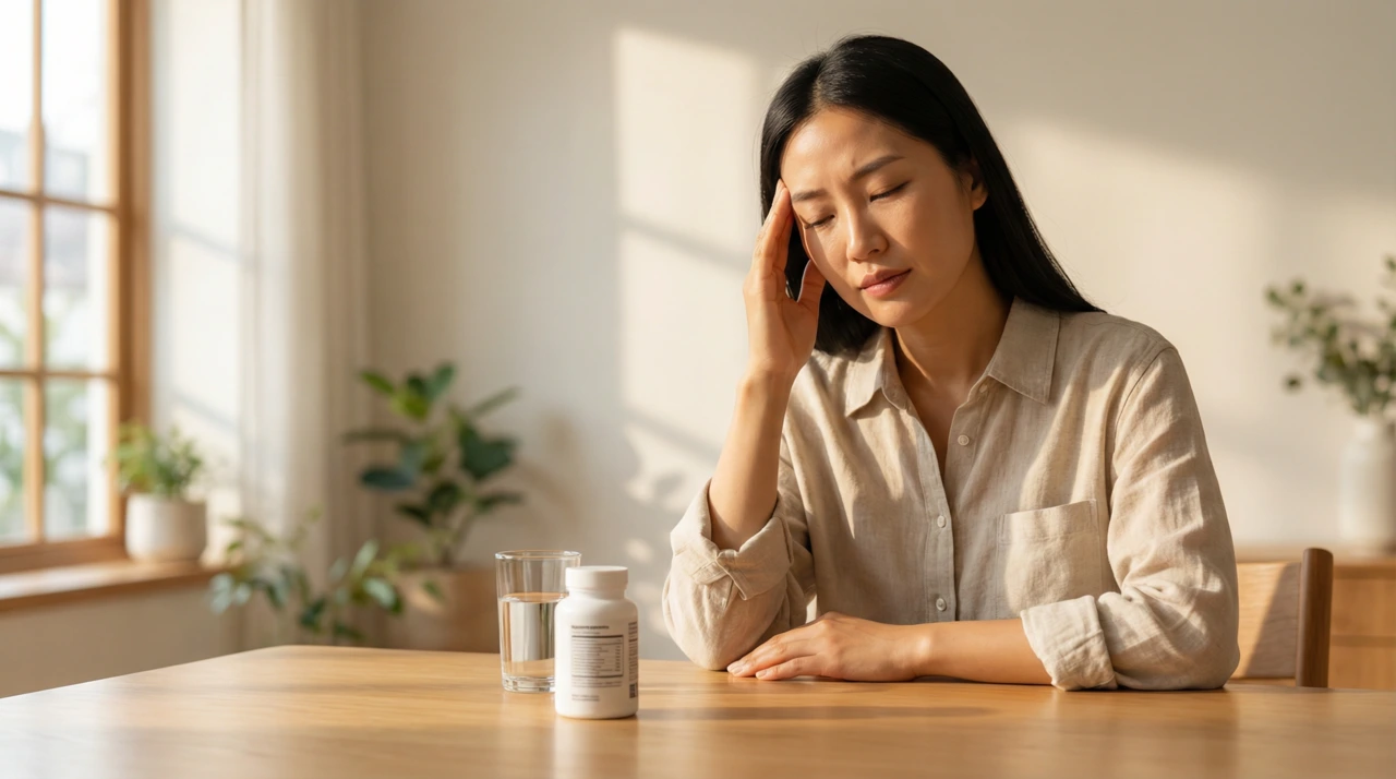 관자놀이를 누르고 있는 여성 앞 테이블 위에 마그네슘 보충제 병과 물컵이 놓여 있는 모습