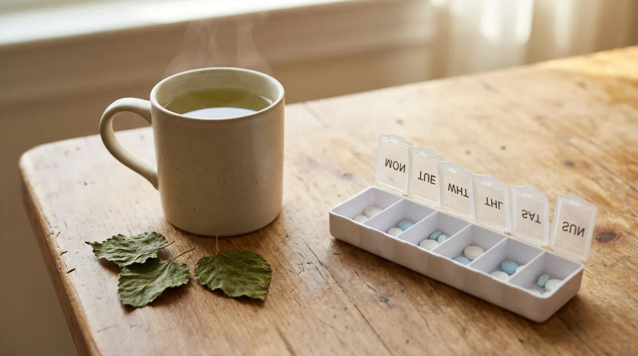 나무 식탁 위에 놓인 뽕잎차 한 잔과 당뇨약 정리함