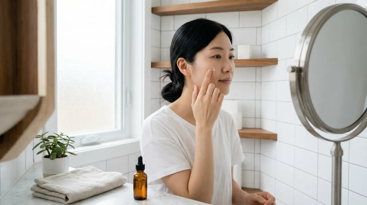 밝은 욕실에서 한국인 여성이 손끝으로 볼에 세럼을 바르고 있는 상반신 장면