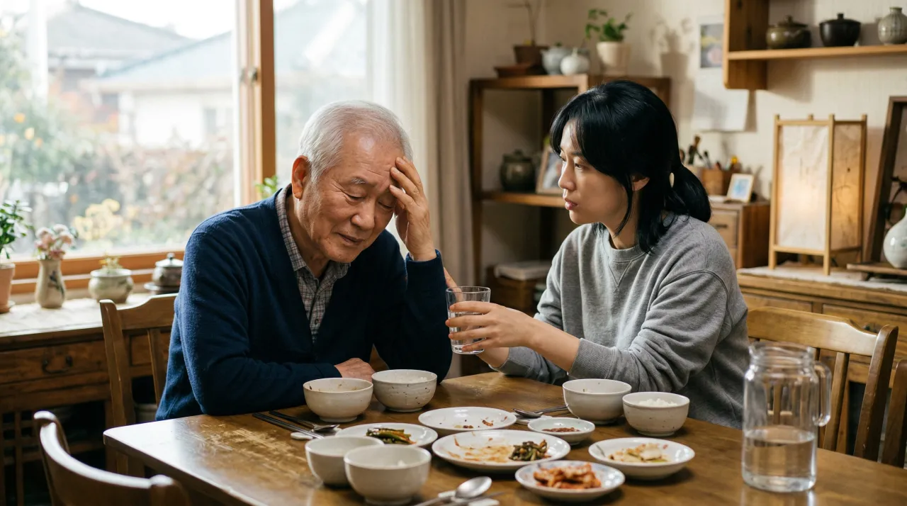 식사 후 식탁에 앉아 이마를 짚고 있는 어르신에게 가족이 물 한 잔을 건네는 모습