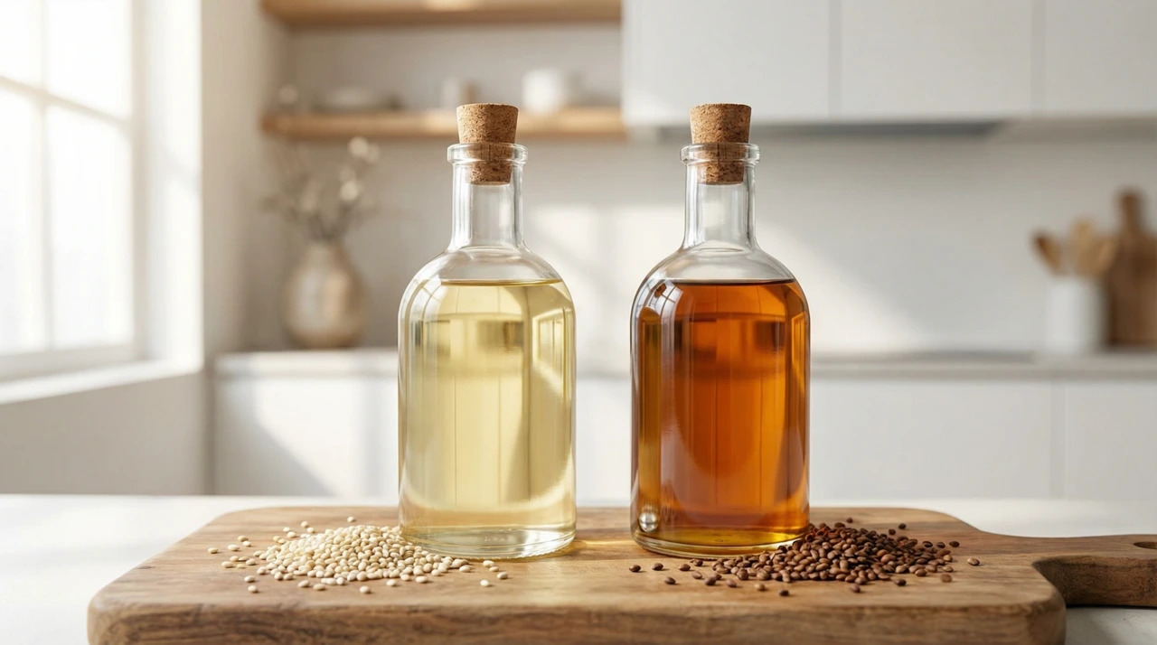 나무 도마 위에 놓인 연한 금빛 생들기름과 짙은 호박색 볶음 들기름 유리병 두 개, 주변에 들깨가 흩어져 있는 주방 장면