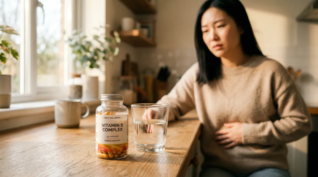 주방 조리대 위 비타민 B 영양제 병과 물컵, 배경에 배에 손을 댄 사람