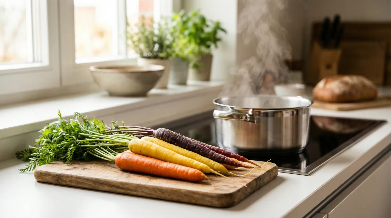 주방 조리대 위에 통당근 여러 개가 김이 오르는 스테인리스 냄비 옆에 놓여 있는 모습