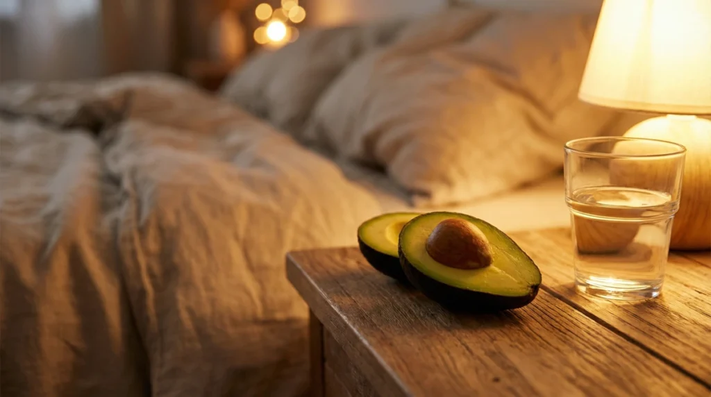 저녁 침실 무드등 아래 나무 탁자 위에 놓인 아보카도 반쪽과 물 한 잔