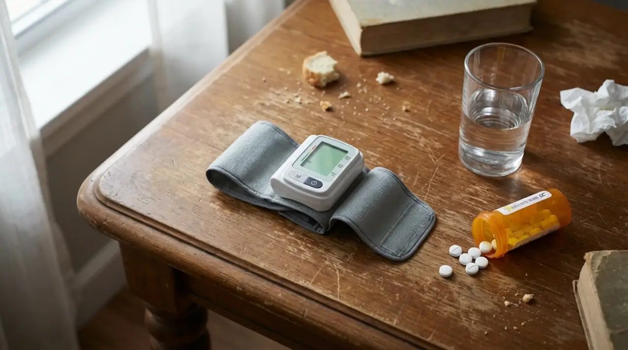 저녁 시간대의 주방, 나무 식탁 위 비워진 흰 접시와 냅킨, 배경에 오후 8시 반을 가리키는 벽시계와 어두운 창밖 풍경