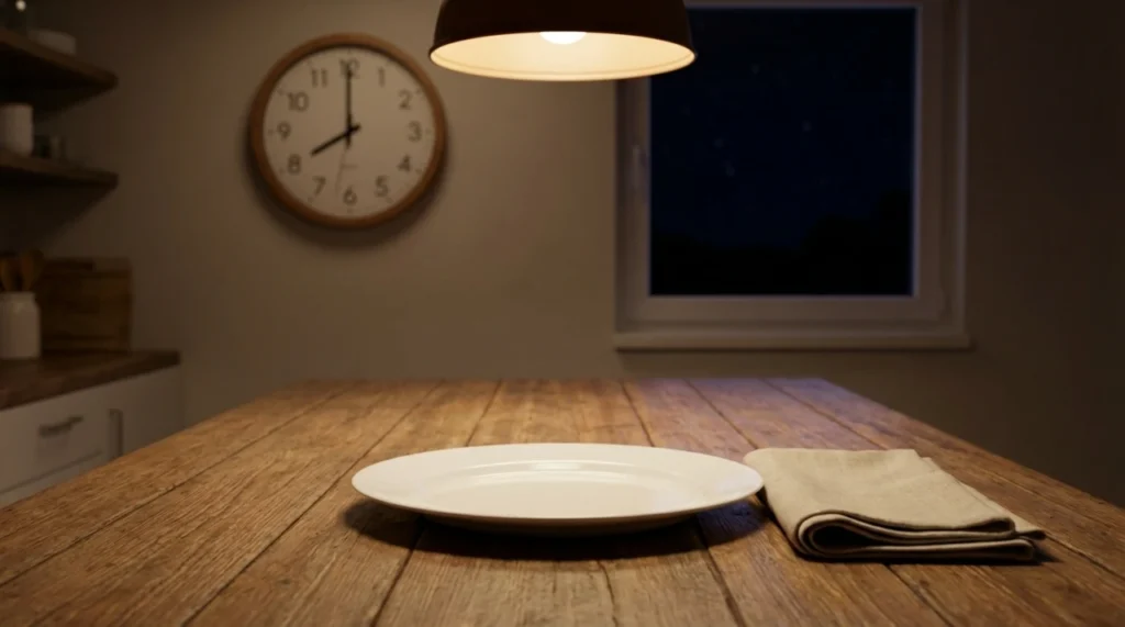 저녁 시간대의 주방, 나무 식탁 위 비워진 흰 접시와 냅킨, 배경에 오후 8시 반을 가리키는 벽시계와 어두운 창밖 풍경