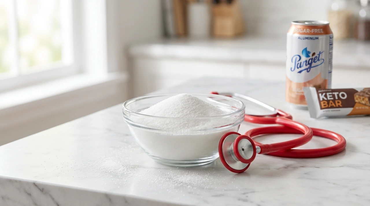 주방 카운터 위 투명 유리 그릇에 담긴 하얀 감미료 분말과 그 옆에 놓인 빨간 청진기