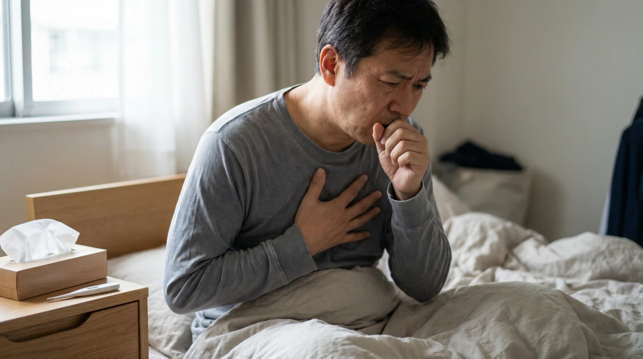침대에 앉아 기침하며 가슴 부위를 움켜쥐고 있는 중년 남성