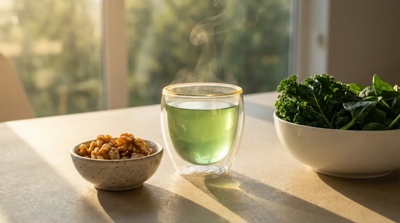 아침 햇살이 비치는 식탁 위에 놓인 녹차 한 잔과 껍질 벗긴 호두, 흰 볼에 담긴 초록 잎채소