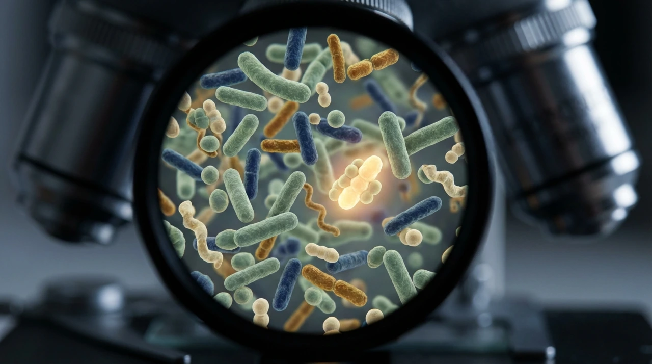현미경 렌즈를 통해 본 다양한 장내세균 군집, 하나의 세균군이 은은한 빛으로 강조된 실험실 클로즈업 사진