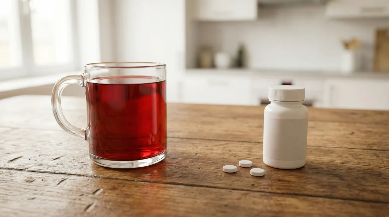 나무 테이블 위에 붉은 히비스커스 차 한 잔과 흰색 약병·알약이 나란히 놓여 있는 모습