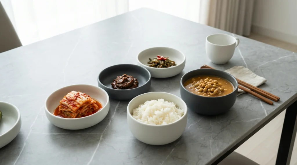 모던한 그레이톤 식탁 위에 김치, 된장, 청국장, 흰 쌀밥이 미니멀한 도자기 그릇에 담겨 있는 모습