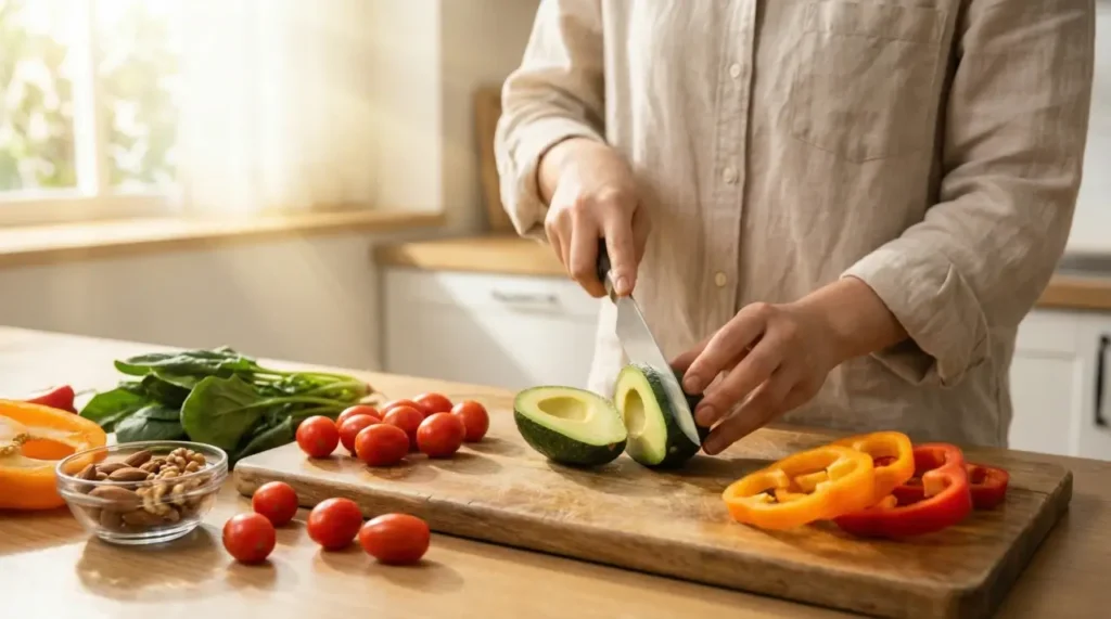 아침 햇살이 드는 주방에서 아보카도와 채소로 건강한 아침 식사를 준비하는 사람