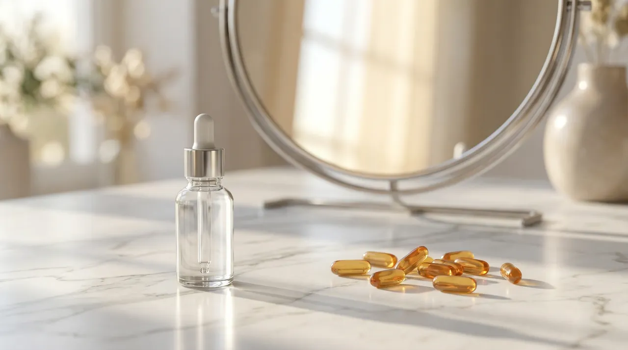 흰색 대리석 세면대 위에 나란히 놓인 유리 스포이트 세럼 병과 반투명 영양제 캡슐