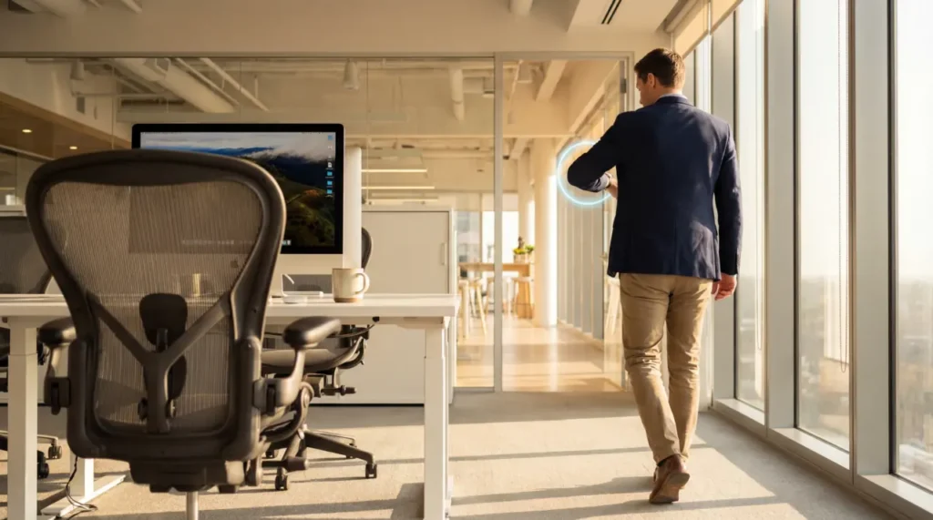 사무실에서 빈 의자를 뒤로하고 밝은 복도를 향해 걸어가며 스마트워치 알림을 확인하는 직장인의 뒷모습