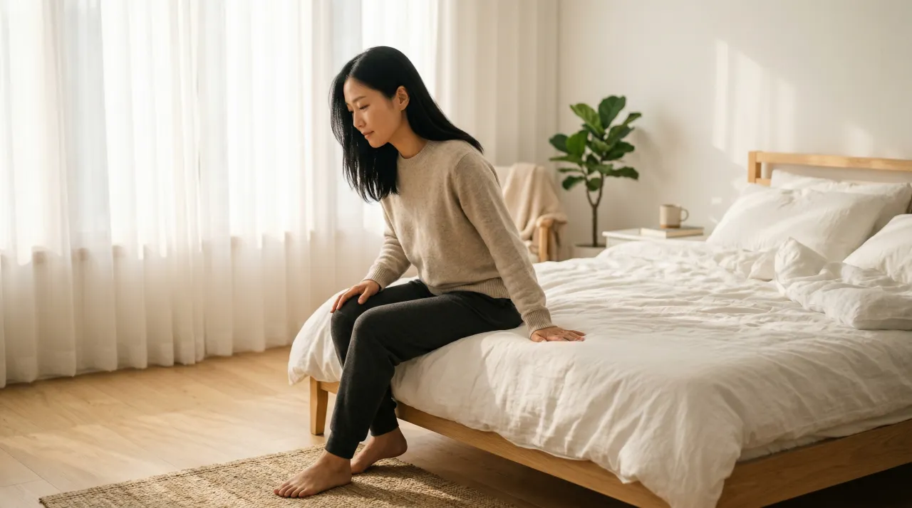 아침 햇살이 드는 침실에서 침대 끝에 앉아 천천히 일어나려는 사람