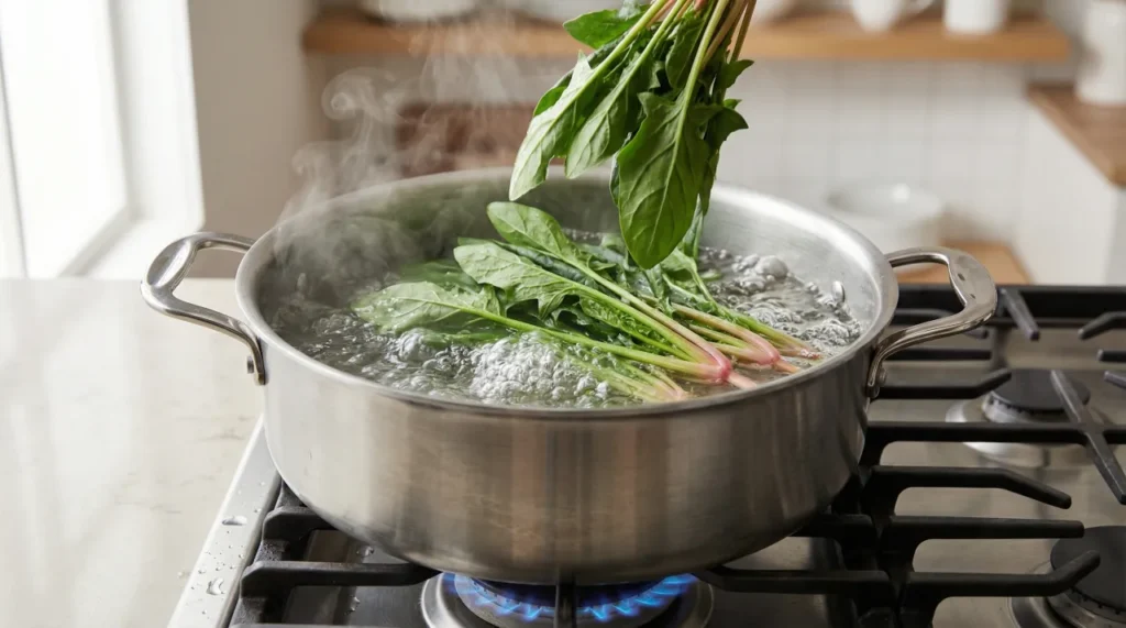 끓는 물이 담긴 냄비에 붉은 줄기의 한국식 시금치가 데쳐지고 있는 모습