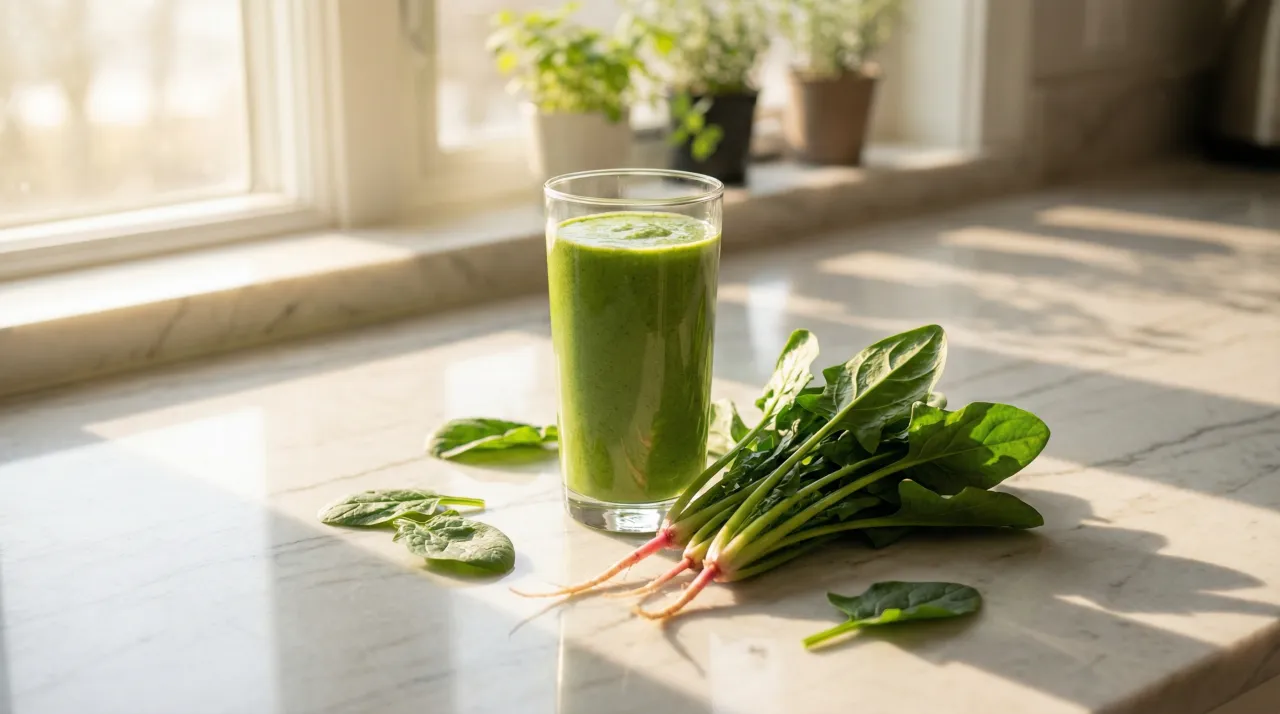 밝은 주방 조리대 위에 놓인 초록색 스무디 한 잔과 분홍빛 뿌리가 달린 한국식 시금치