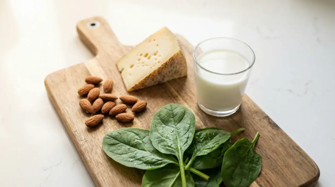 나무 도마 위에 놓인 시금치, 아몬드, 치즈, 우유잔을 위에서 내려다본 주방 식탁 모습