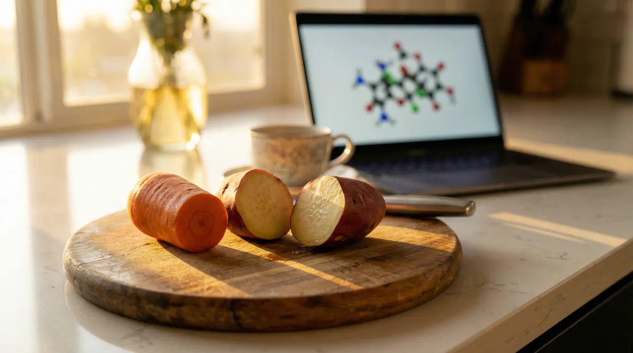 나무 도마 위에 반으로 자른 당근과 적자색 껍질의 고구마가 놓여 있고, 배경에 분자 구조가 표시된 노트북 화면이 보이는 주방 조리대
