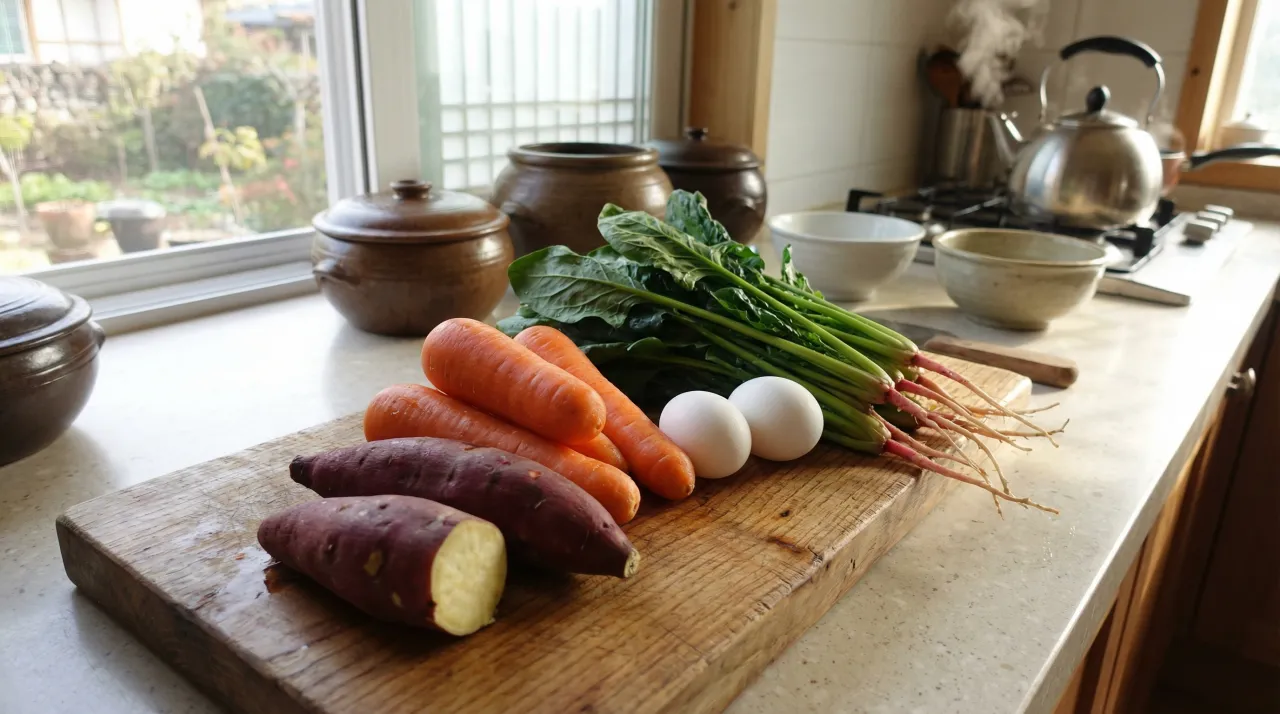 밝은 부엌 조리대 위 나무 도마에 놓인 당근, 시금치, 고구마, 달걀