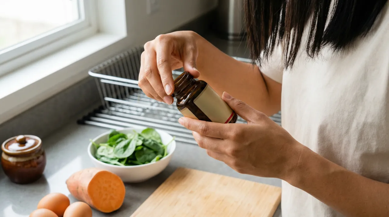 주방에서 한 사람이 건강보충제 병을 들고 라벨을 읽고 있는 모습, 배경 조리대 위에 시금치·고구마·달걀이 놓여 있다