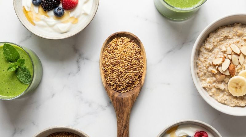 하얀 대리석 위에 황금색과 갈색 아마씨가 가득 담긴 나무 숟가락, 주변에 요거트, 오트밀, 스무디 등 신선한 재료들, 자연광, 위에서 본 모습