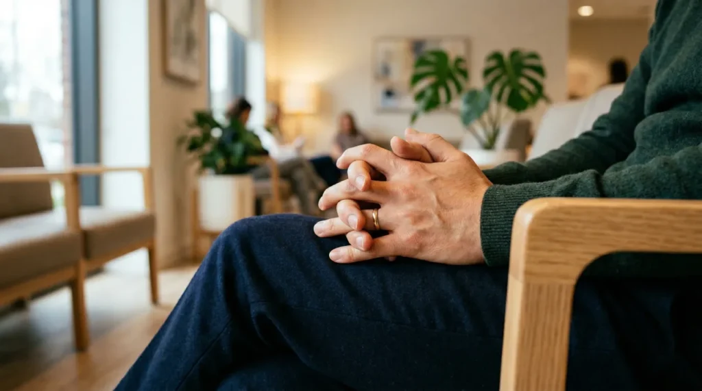 병원 대기실 의자에 앉아 무릎 위에 두 손을 가볍게 모으고 있는 클로즈업 장면