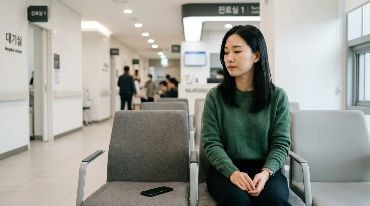 병원 대기 공간에 차분하게 앉아 있는 사람과 옆자리에 엎어놓은 스마트폰