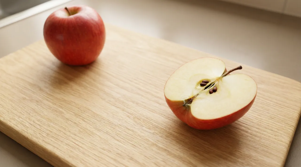 나무 도마 위에 통째 사과와 세로로 반 자른 사과가 나란히 놓여 있고, 단면의 씨앗과 줄기가 또렷이 보인다