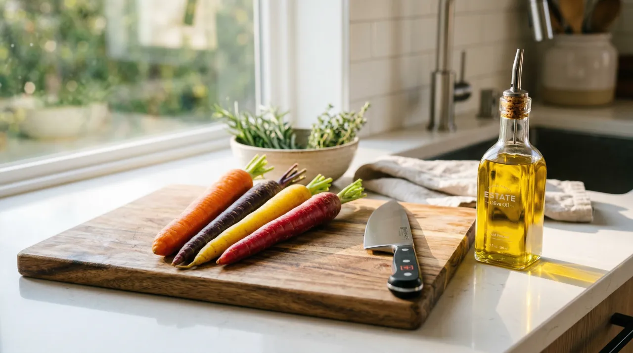 나무 도마 위에 주황·보라·노란·빨간 네 가지 색 당근이 나란히 놓여 있고, 옆에 올리브오일 병과 칼이 함께 있는 주방 장면