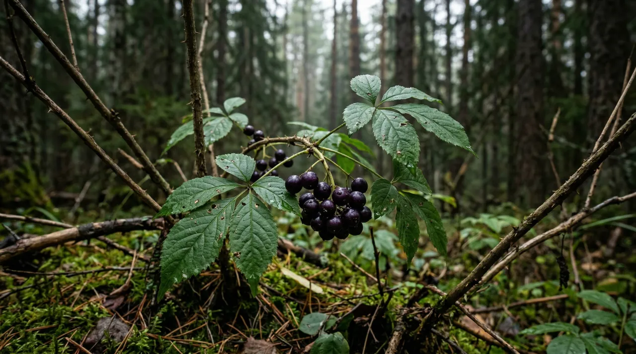 시베리아 침엽수림 속에서 짙은 보라색 열매가 달린 오가피 관목의 클로즈업