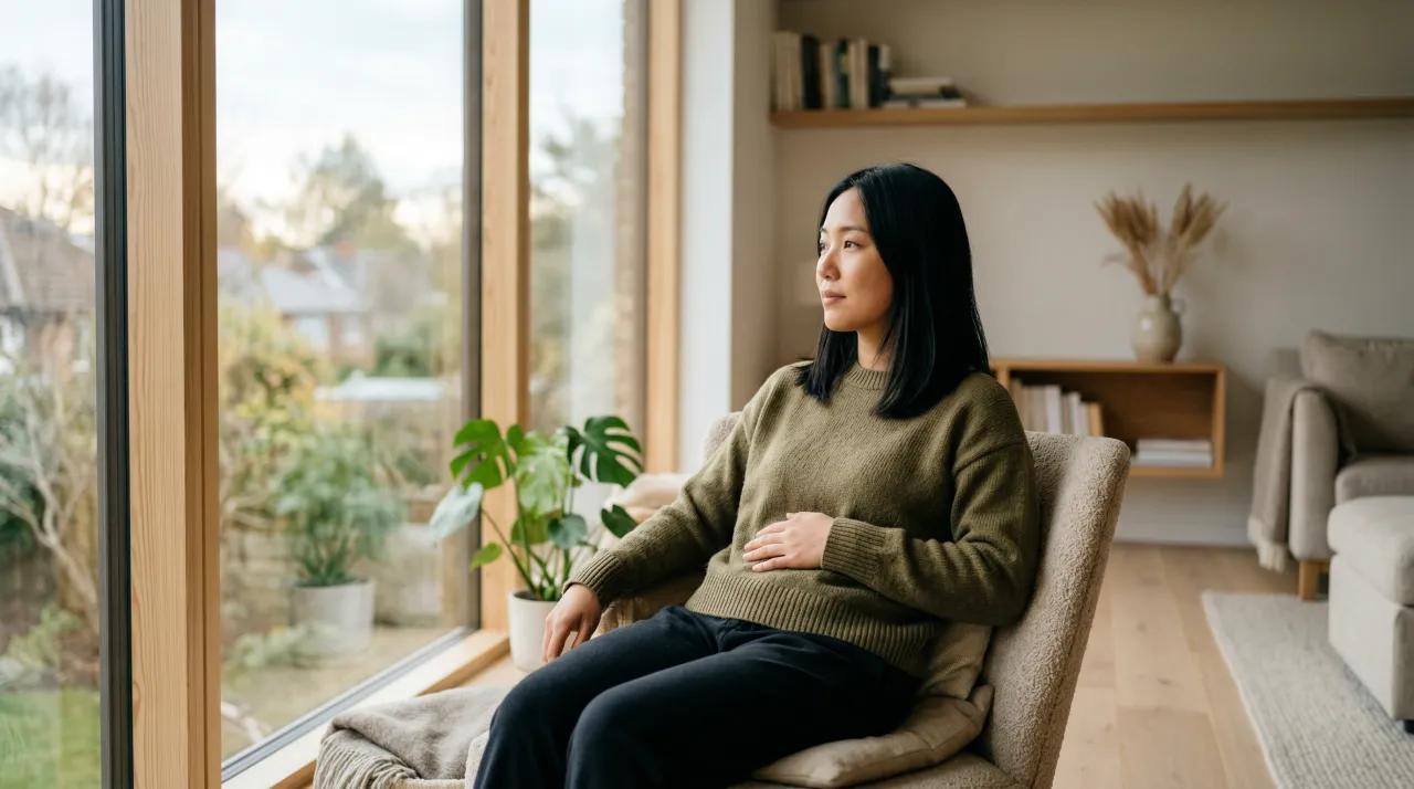 창가에 앉아 복부에 손을 얹고 자신의 증상을 되짚어보는 사람